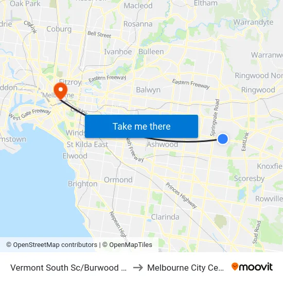 Vermont South Sc/Burwood Hwy to Melbourne City Centre map