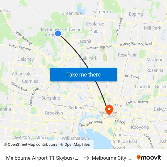 Melbourne Airport T1 Skybus/Arrival Dr to Melbourne City Centre map