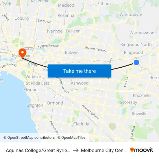 Aquinas College/Great Ryrie St to Melbourne City Centre map