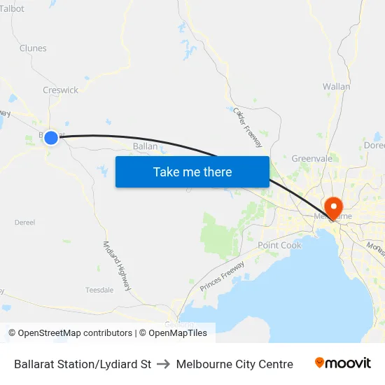 Ballarat Station/Lydiard St to Melbourne City Centre map