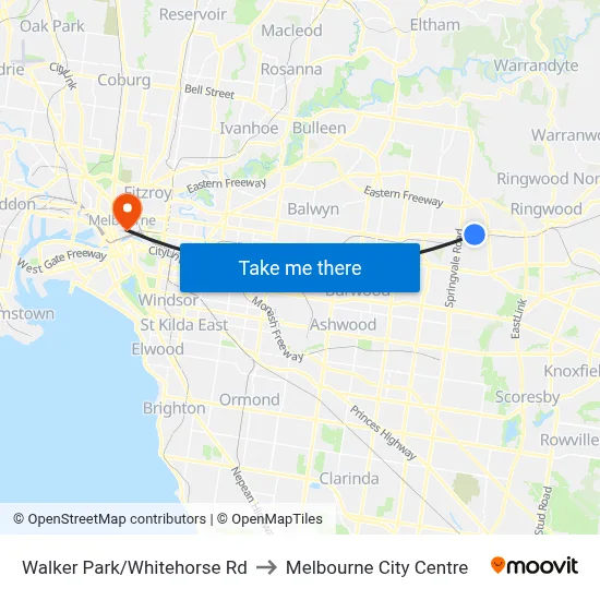 Walker Park/Whitehorse Rd to Melbourne City Centre map