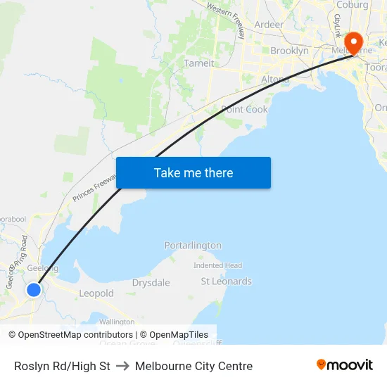 Roslyn Rd/High St to Melbourne City Centre map
