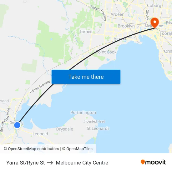 Yarra St/Ryrie St to Melbourne City Centre map