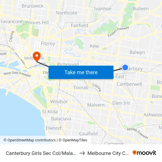 Canterbury Girls Sec Col/Malacca Rd to Melbourne City Centre map