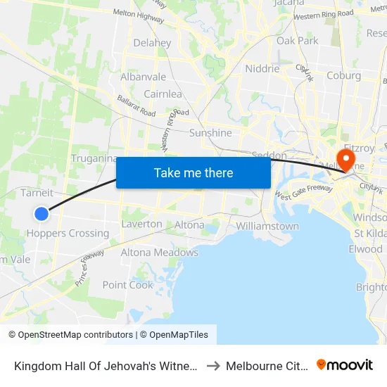 Kingdom Hall Of Jehovah's Witnesses/Tarneit Rd to Melbourne City Centre map