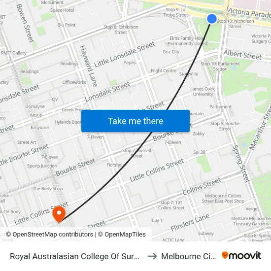 Royal Australasian College Of Surgeons/Victoria Pde to Melbourne City Centre map