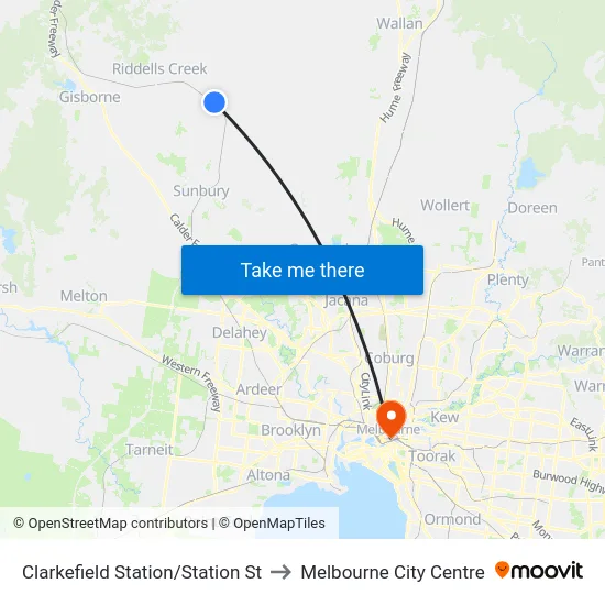 Clarkefield Station/Station St to Melbourne City Centre map