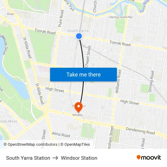 South Yarra Station to Windsor Station map