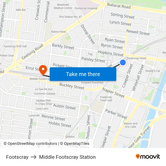 Footscray to Middle Footscray Station map