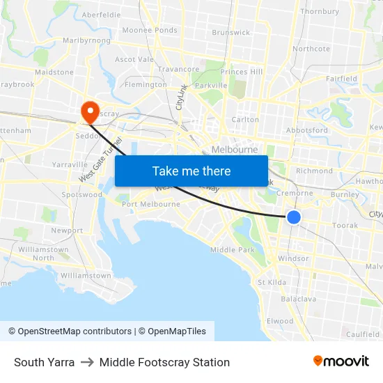South Yarra to Middle Footscray Station map