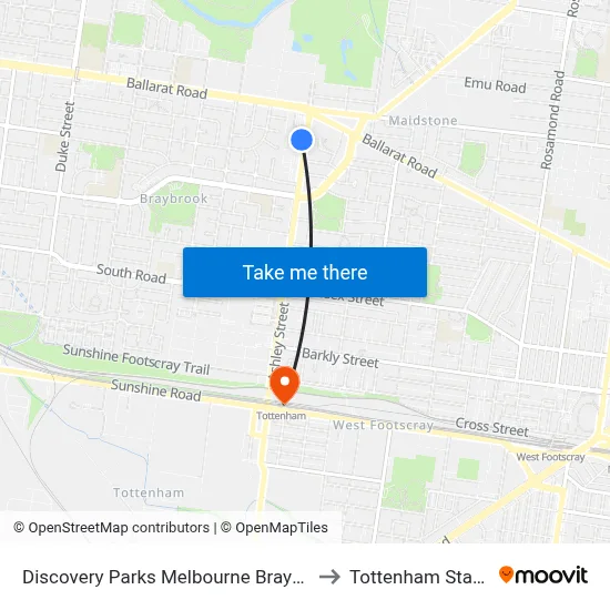 Discovery Parks Melbourne Braybrook to Tottenham Station map