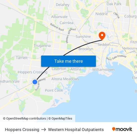 Hoppers Crossing to Western Hospital Outpatients map