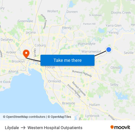 Lilydale to Western Hospital Outpatients map
