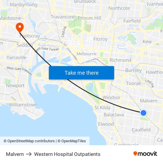 Malvern to Western Hospital Outpatients map