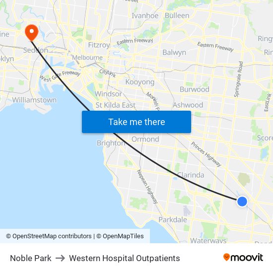 Noble Park to Western Hospital Outpatients map