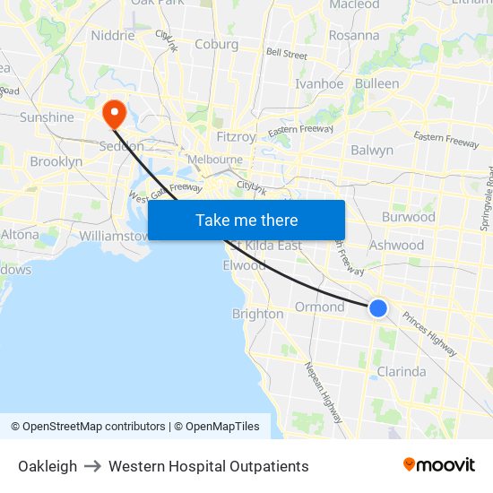 Oakleigh to Western Hospital Outpatients map