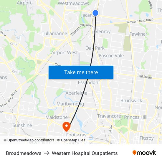 Broadmeadows to Western Hospital Outpatients map