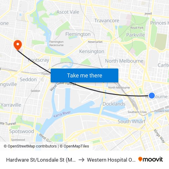 Hardware St/Lonsdale St (Melbourne City) to Western Hospital Outpatients map