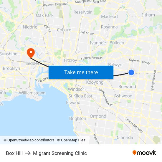 Box Hill to Migrant Screening Clinic map