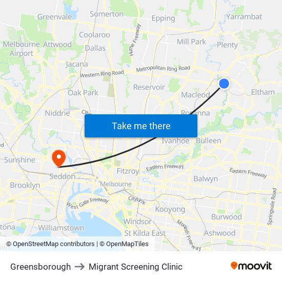 Greensborough to Migrant Screening Clinic map