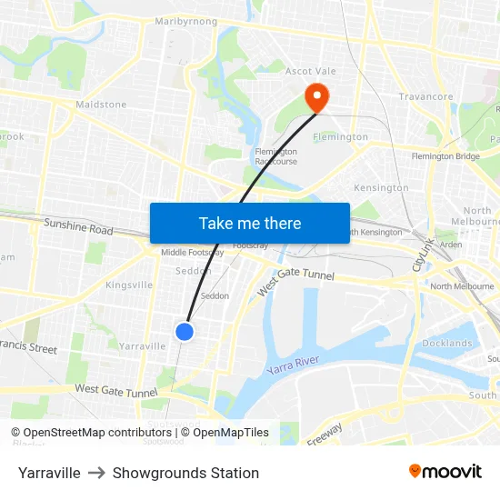 Yarraville to Showgrounds Station map