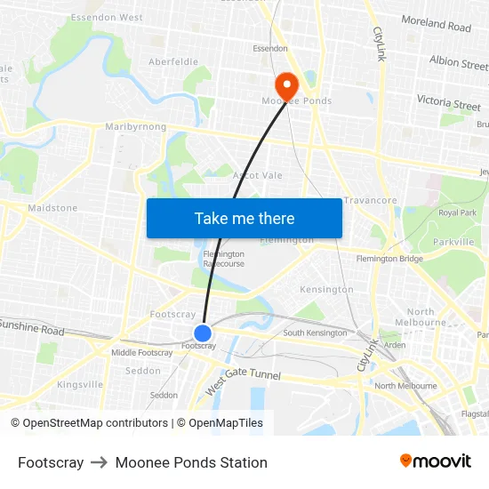 Footscray to Moonee Ponds Station map