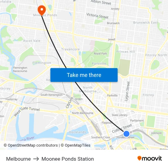 Melbourne to Moonee Ponds Station map