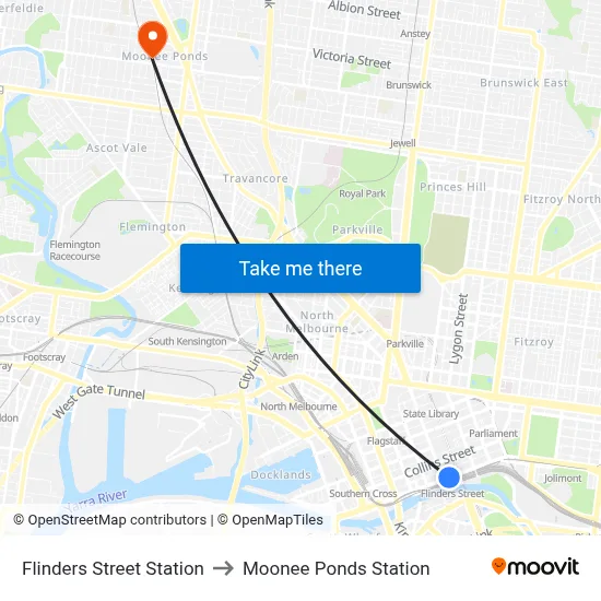 Flinders Street Station to Moonee Ponds Station map