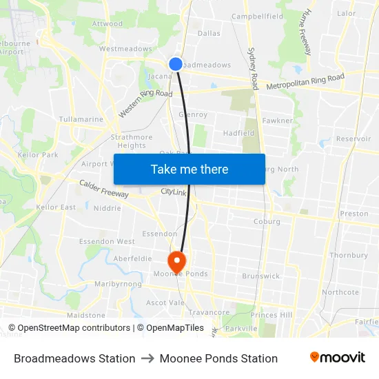 Broadmeadows Station to Moonee Ponds Station map