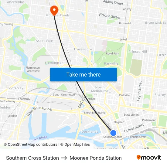 Southern Cross Station to Moonee Ponds Station map