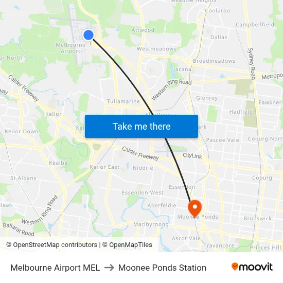 Melbourne Airport MEL to Moonee Ponds Station map