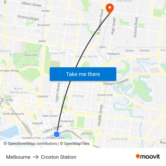 Melbourne to Croxton Station map