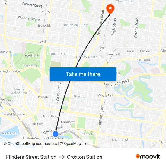 Flinders Street Station to Croxton Station map