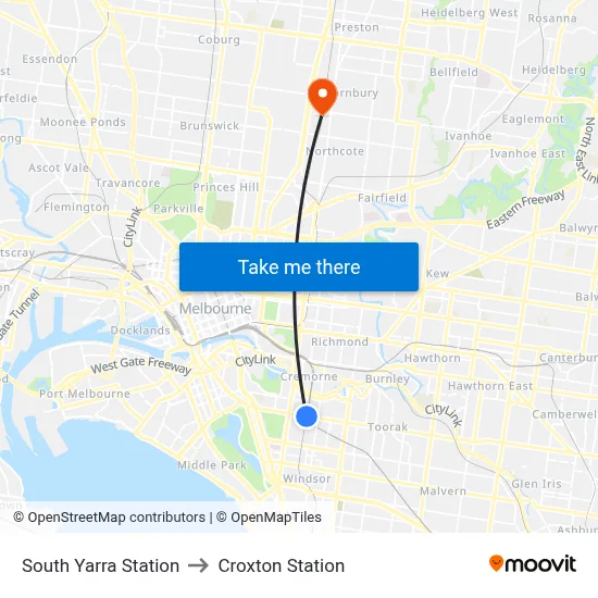 South Yarra Station to Croxton Station map