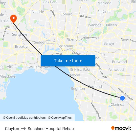 Clayton to Sunshine Hospital Rehab map