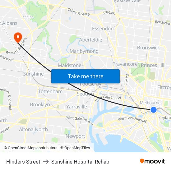 Flinders Street to Sunshine Hospital Rehab map