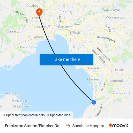 Frankston Station/Fletcher Rd (Frankston) to Sunshine Hospital Rehab map