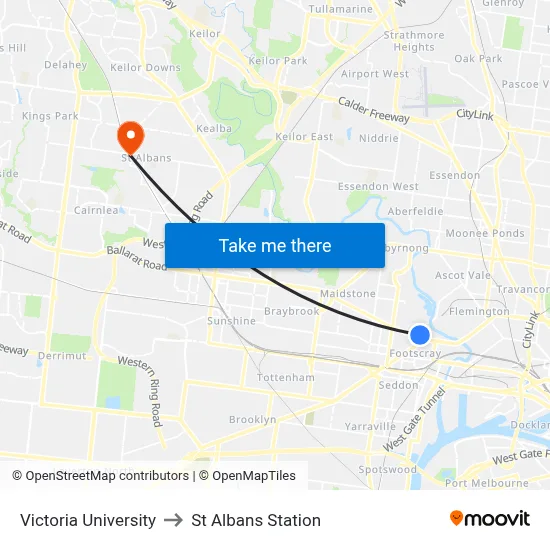 Victoria University to St Albans Station map