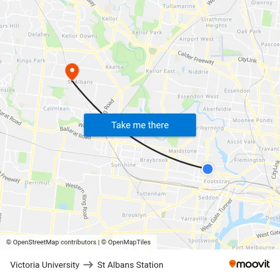 Victoria University to St Albans Station map