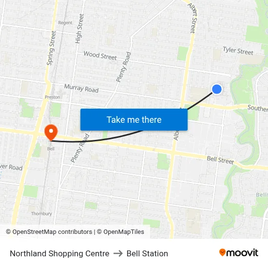 Northland Shopping Centre to Bell Station map