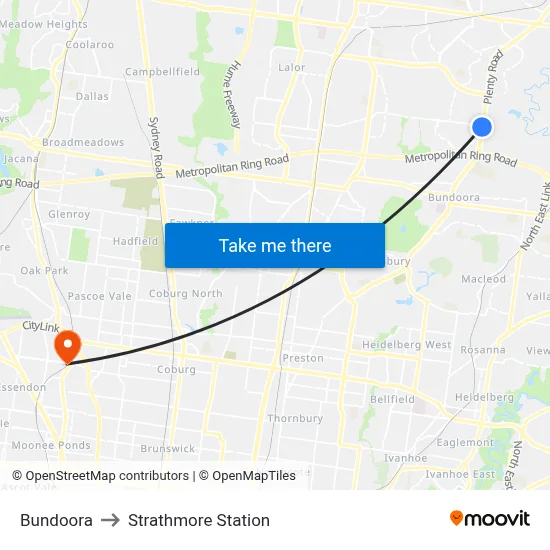 Bundoora to Strathmore Station map