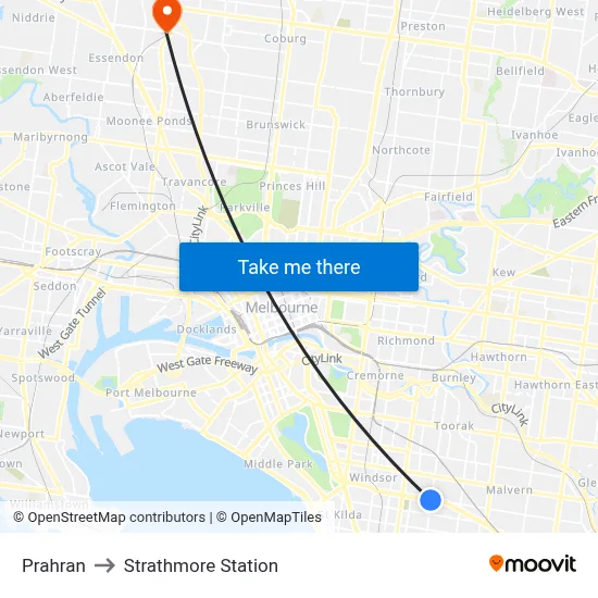 Prahran to Strathmore Station map