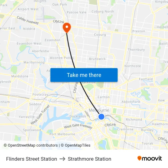Flinders Street Station to Strathmore Station map