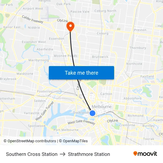 Southern Cross Station to Strathmore Station map