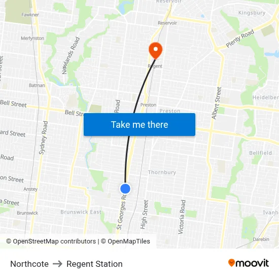 Northcote to Regent Station map