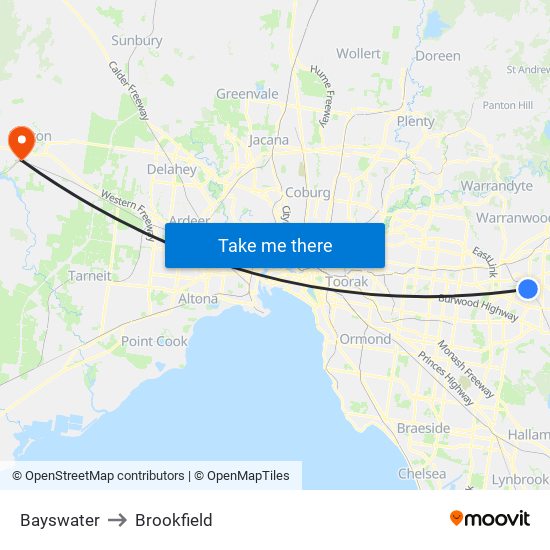 Bayswater to Brookfield map