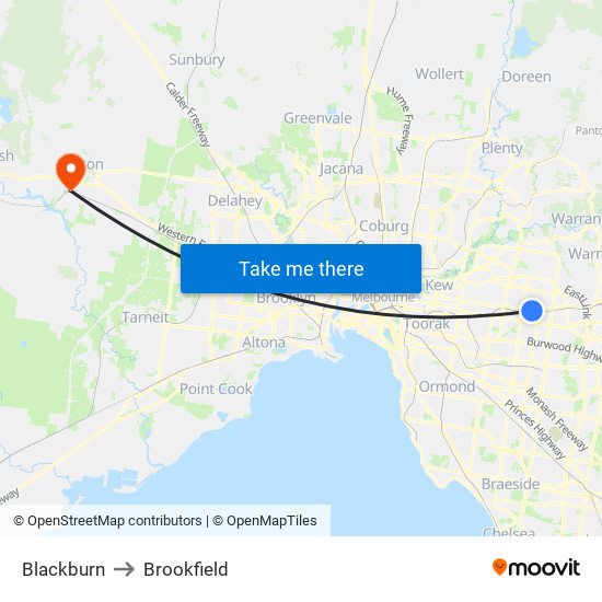 Blackburn to Brookfield map