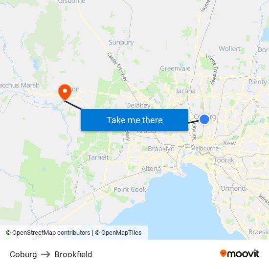 Coburg to Brookfield map