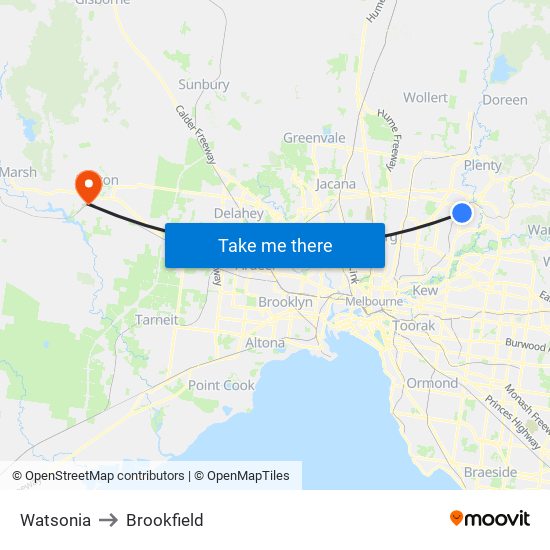 Watsonia to Brookfield map