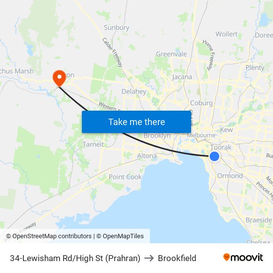 34-Lewisham Rd/High St (Prahran) to Brookfield map